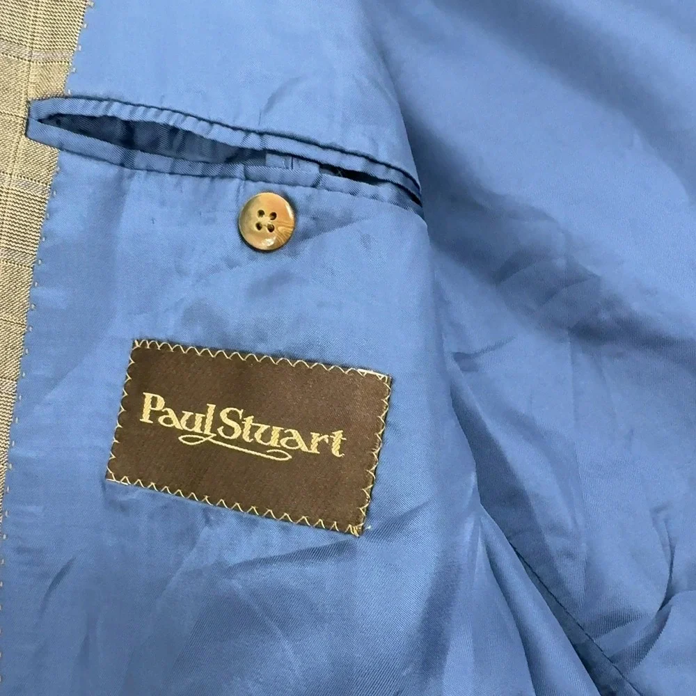Paul Stuart Blazer Mens 44 Brown 100% Wool Plaid 2‎ Button Double Vent Classic